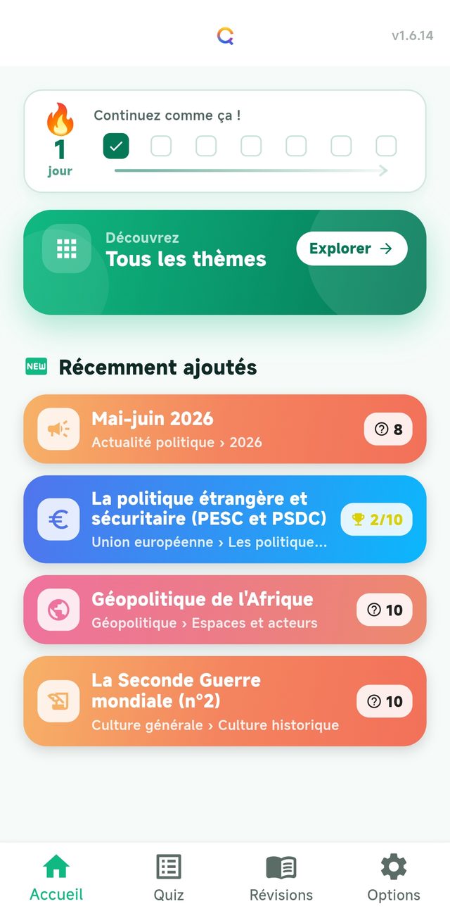Écran d'accueil : suivi de la série de jours, accès à toutes les disciplines et quiz récemment ajoutés.