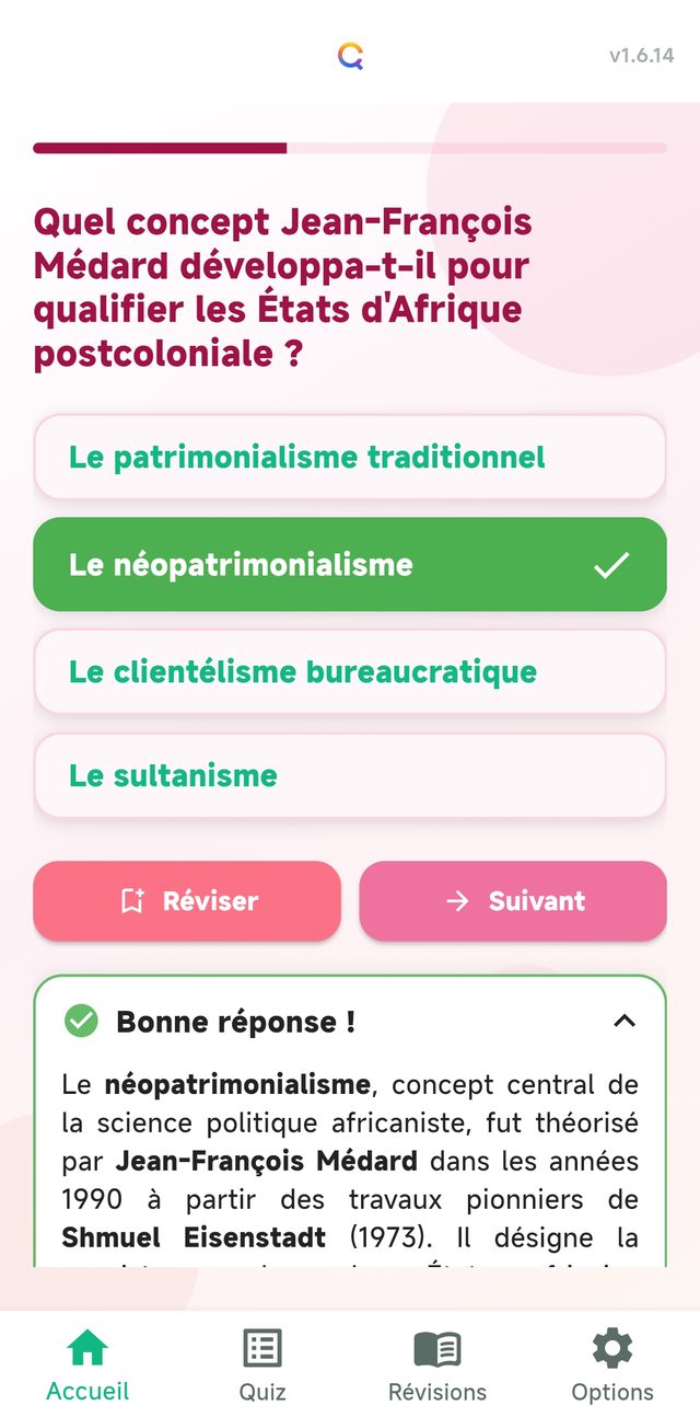 Une question à quatre réponses : la bonne est signalée en vert, suivie de son explication rédigée.