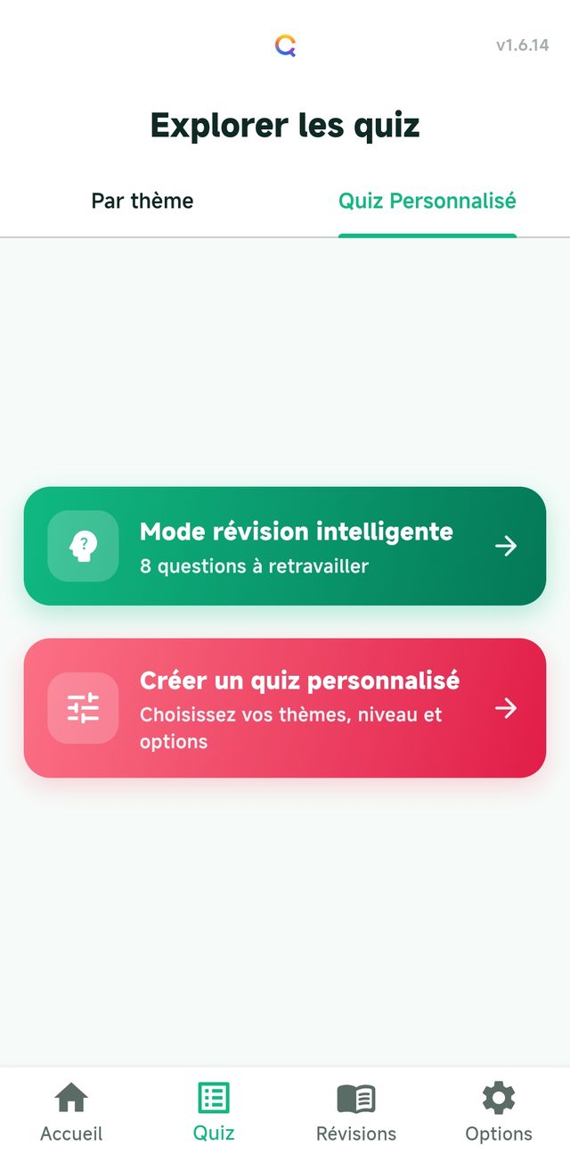Onglet Quiz personnalisé : mode révision intelligente et création d'un quiz sur mesure.