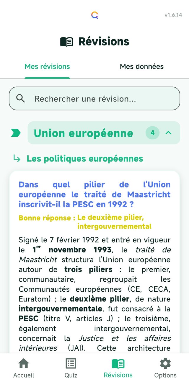 Onglet Révisions : les questions mises de côté, regroupées par discipline et par sous-thème.