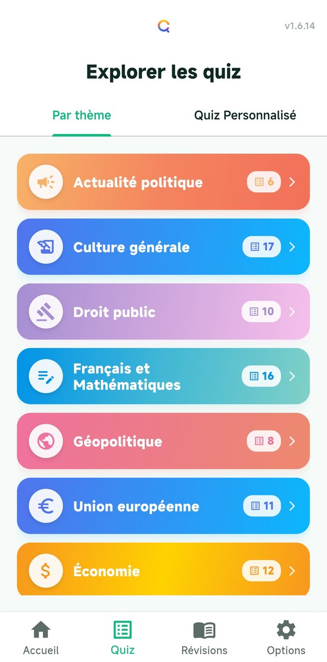 Écran « Explorer les quiz » de l'application, avec la liste des disciplines et le nombre de quiz de chacune.